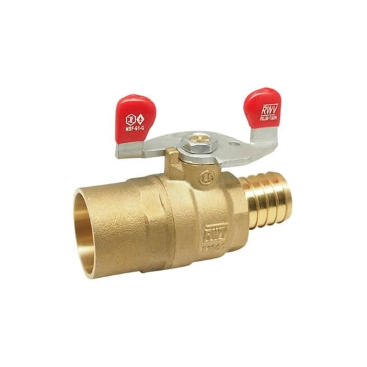 Hydronic PEX ball valve from the 5007AB series, featuring a barb connection and solder end for reliable plumbing use.