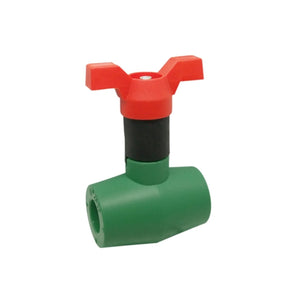 PP-RCT ball valve from the 1501PAB series, featuring polyfusion connections and lead-free brass construction.