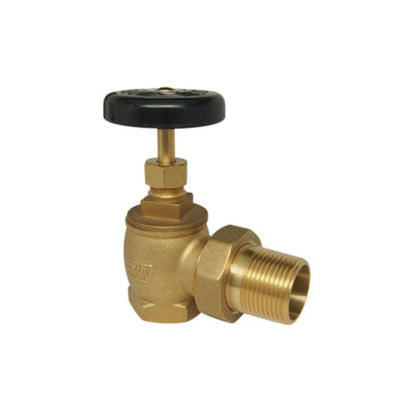 Brass steam radiator valve with FNPT and male union ends, featuring a black handle and EPDM gasket for durability.