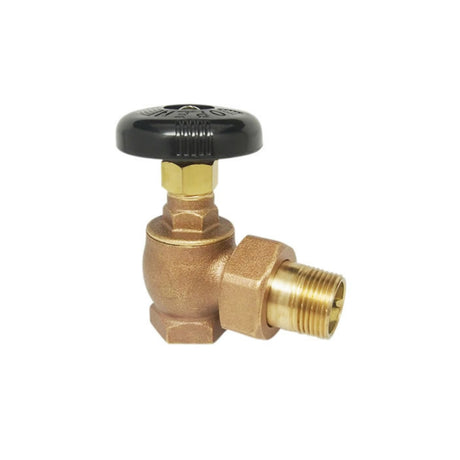 Brass radiator hot water vented angle valve with FNPT and male union ends, featuring a black handle for easy operation.