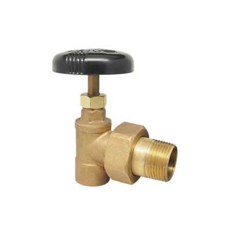 Brass steam radiator valve with solder x male union connection, featuring a black handle for easy operation.