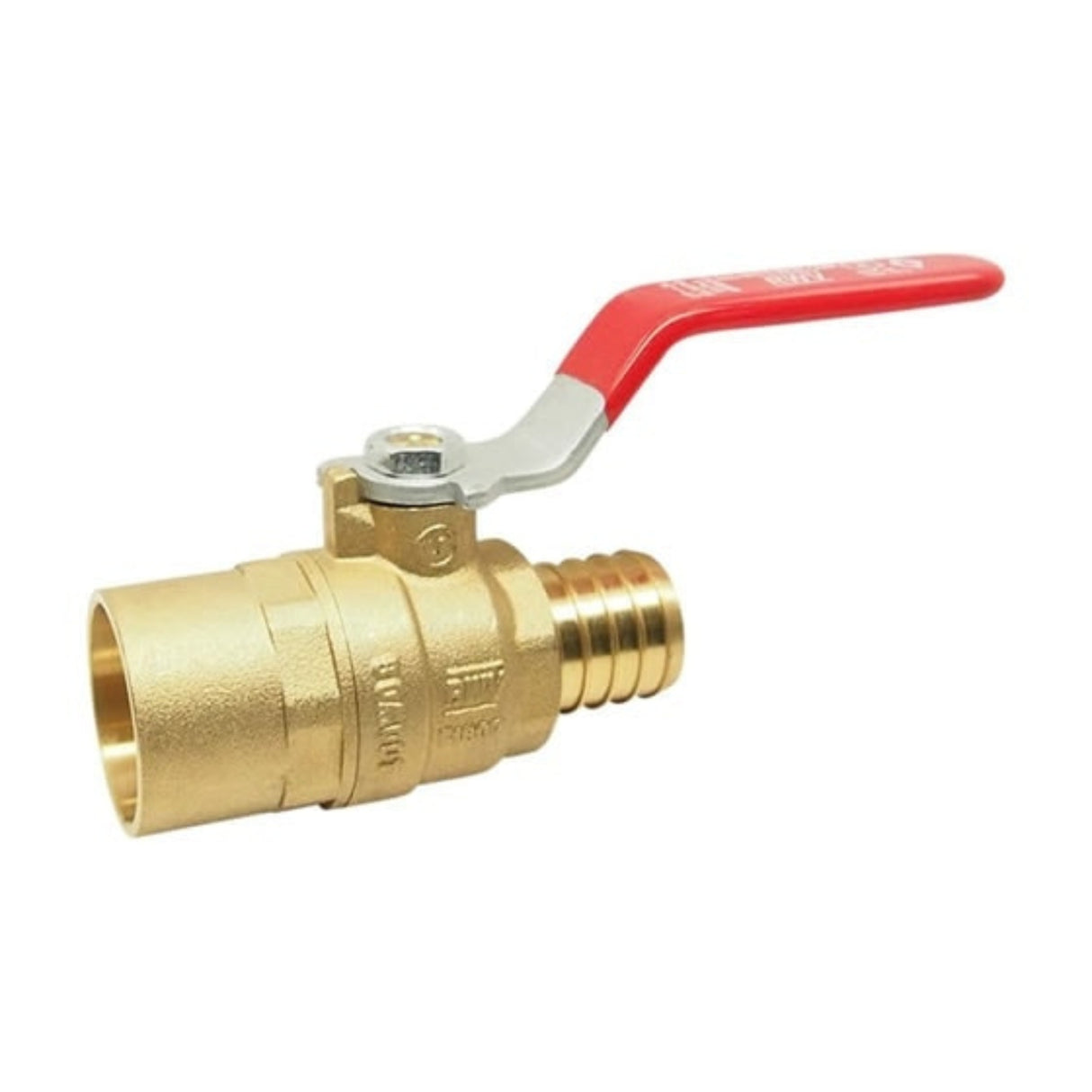 Hydronic PEX ball valve with a red lever, featuring a barb connection on one end and solder connection on the other.