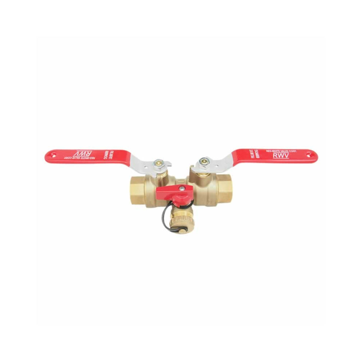 Double ball isolation valve with FNPT connections, featuring red handles for easy operation and durable brass construction.