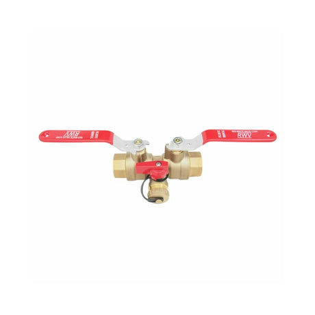 Double ball isolation valve with FNPT connections, featuring red handles for easy operation and durable brass construction.