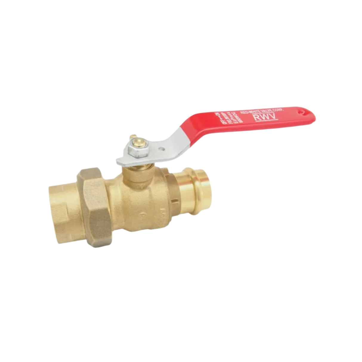 Lead-free brass hydronic union valve with a press x FNPT connection and a red lever handle for easy operation.