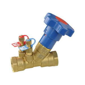 Hydronic static balancing valve 9517AB series with threaded FNPT connections and a blue adjustment knob.