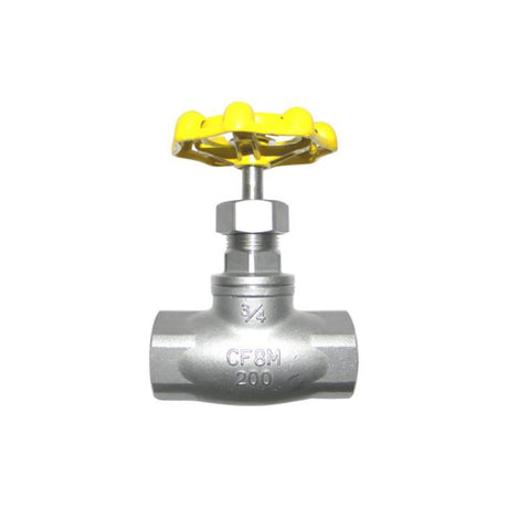 Stainless steel globe valve from the 880 series with FNPT connections and a rising stem design.