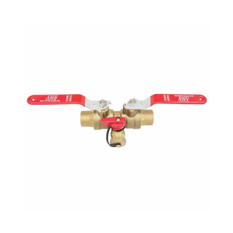 Double ball isolation valve with solder connections, featuring red handles for easy operation and durable brass construction.