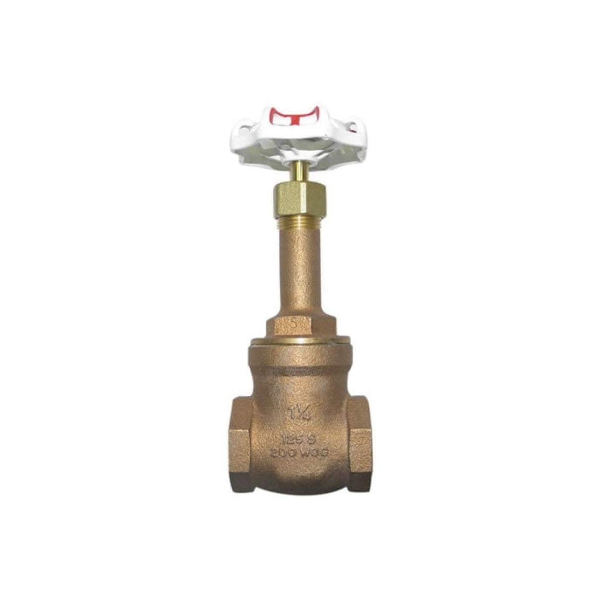Bronze threaded end gate valve with a white handwheel for easy operation, designed for reliable flow control.