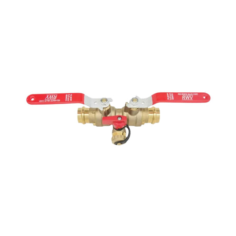 Double ball isolation valve with EzPress connections, featuring red handles for easy operation and durable brass construction.