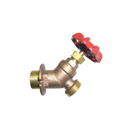 Solder joint end x hose valve with a red handle, designed for reliable water flow control in plumbing systems.