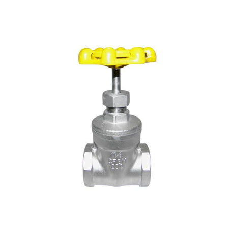 Stainless steel gate valve with threaded ends and solid disc, featuring a yellow handwheel for easy operation.