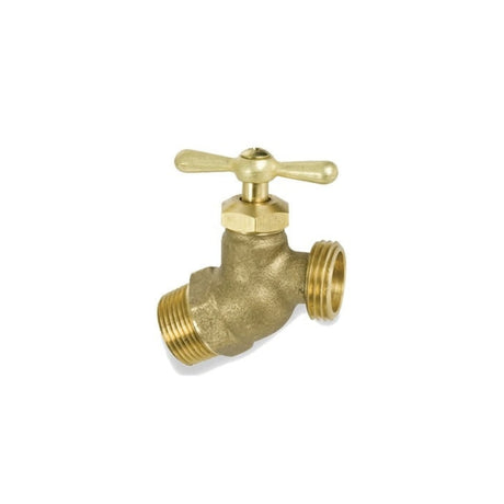 Brass hose bibb with threaded and hose ends, featuring a no-kink spout for efficient water flow. Ideal for outdoor use.