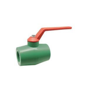 PP-RCT ball valve from the 1501PAB series with a green body and red handle for lead-free brass connections.