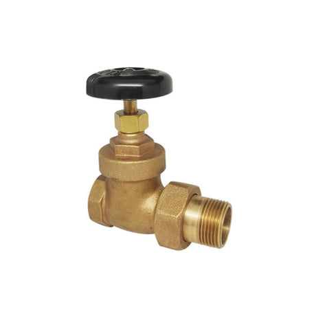 Brass radiator gate valve with FNPT x male union connection, 200# WOG, designed for efficient flow control.