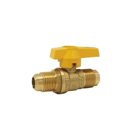 Brass CSA gas ball valve 5231 series with flare connections and a yellow handle, rated for 175 PSI.