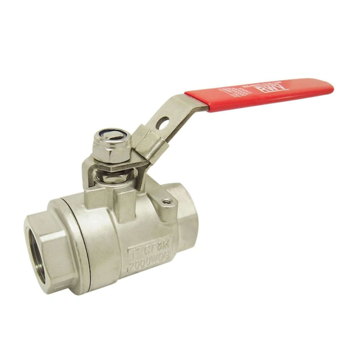 Stainless steel full port ball valve with FNPT connections and a red handle for easy operation. Ideal for fluid control.