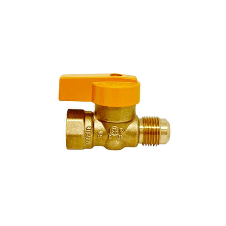 Brass CSA gas ball valve 5155F series with FNPT x flared connection, rated for 125 PSI, featuring a yellow handle.