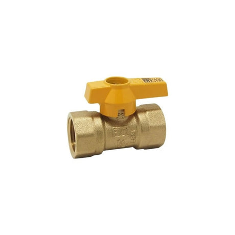 Brass CSA gas ball valve with FNPT connections, chrome plated ball, and yellow handle for easy operation.