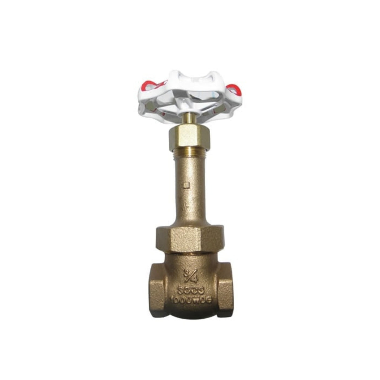 Bronze threaded gate valve with a white handle and threaded ends, designed for efficient flow control in plumbing systems.