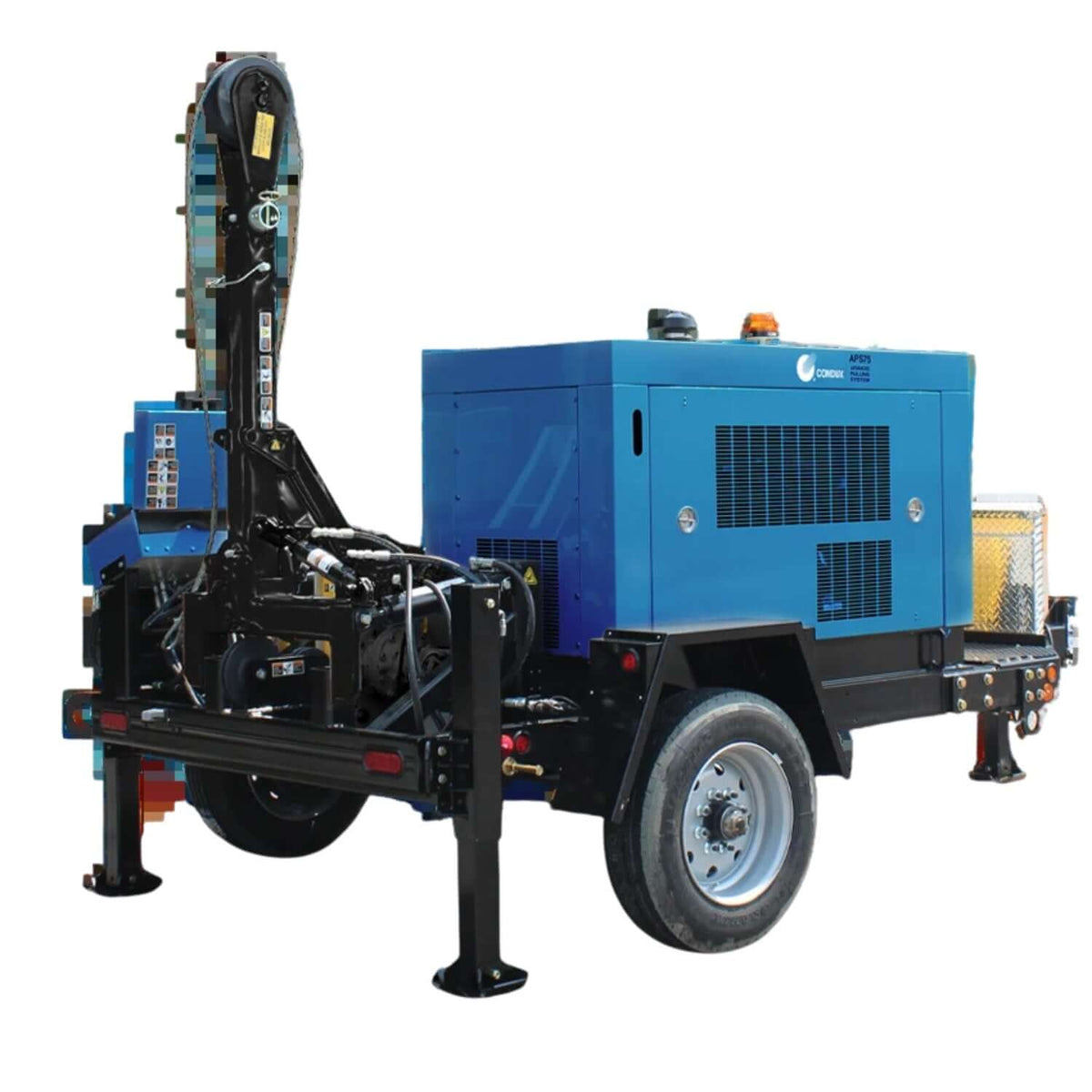 APS75 hydraulic cable puller on trailer, three-quarter view