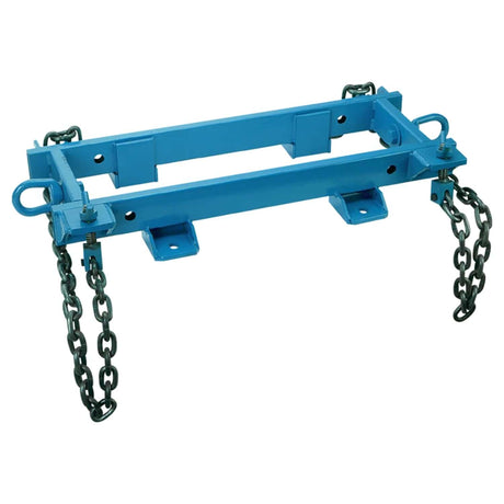 Angled view of blue CableGlider floor, conduit and pole mount frame with securing chains