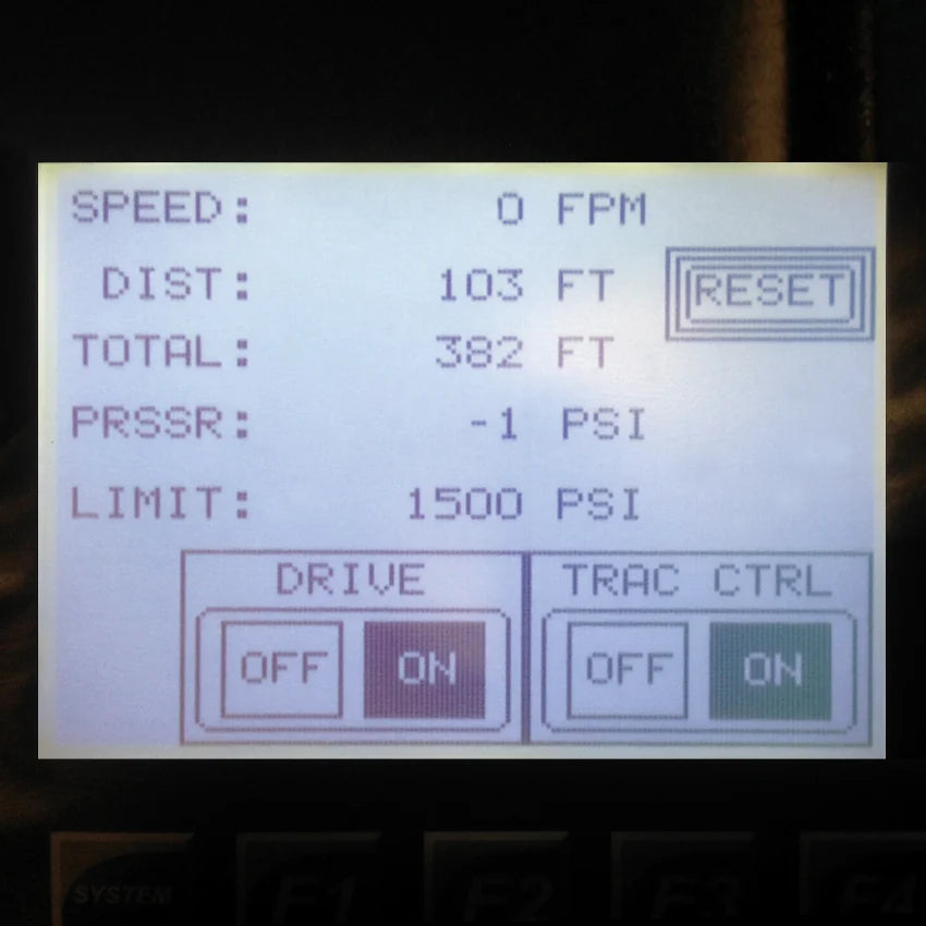 Condux electronic control display showing speed, distance, pressure, drive and traction control settings