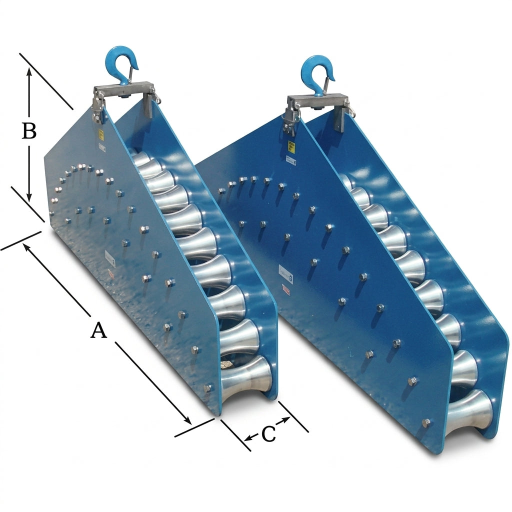 Condux fairlead quadrant blocks with cable guide rollers and A, B and C dimension labels