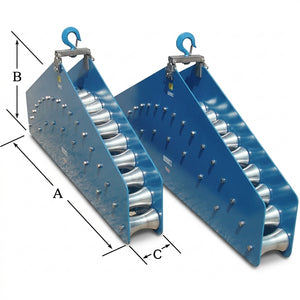 Condux fairlead quadrant blocks with cable guide rollers and A, B and C dimension labels