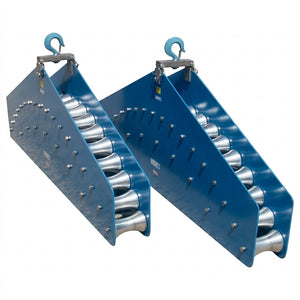 Two Condux fairlead quadrant blocks with blue side plates, cable guide rollers and upper hooks