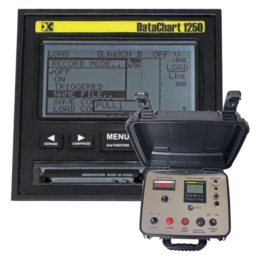 Condux fiber optic cable puller upgrade kit showing the electronic control box and enlarged chart recorder display