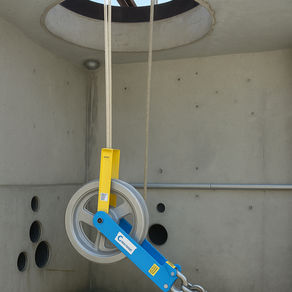 Condux heavy-duty hanger sheave installed in a manhole to guide cable into conduit.