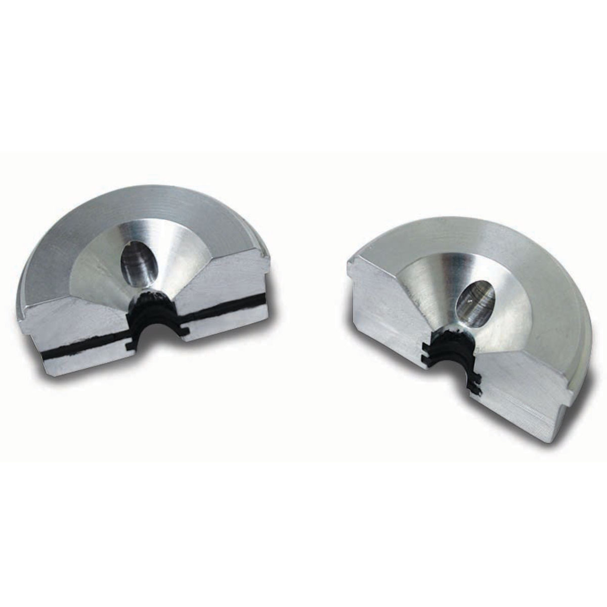 Two semicircular metal duct-pack components with black seals on a white background