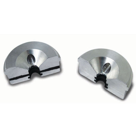 Two semicircular metal duct-pack components with black seals on a white background