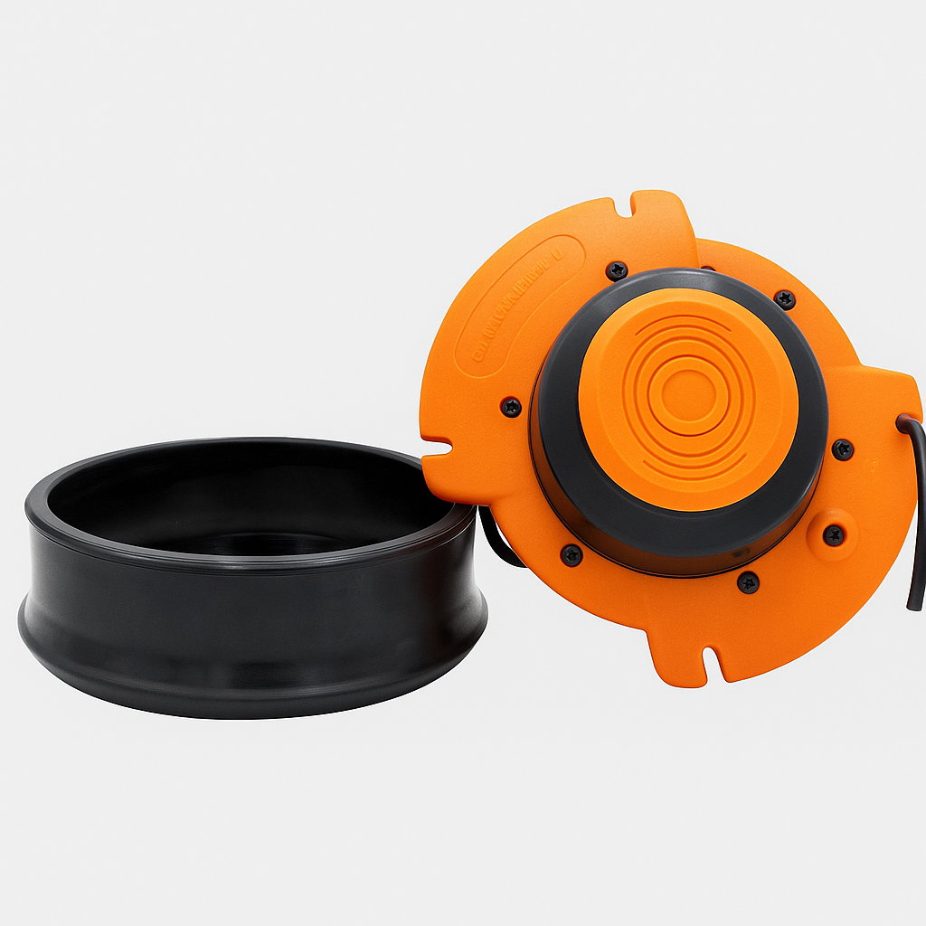 Penta EOSXL Portable Glove Inflator – compact orange and black air test tool with detachable ring for inspecting and testing insulating gloves.