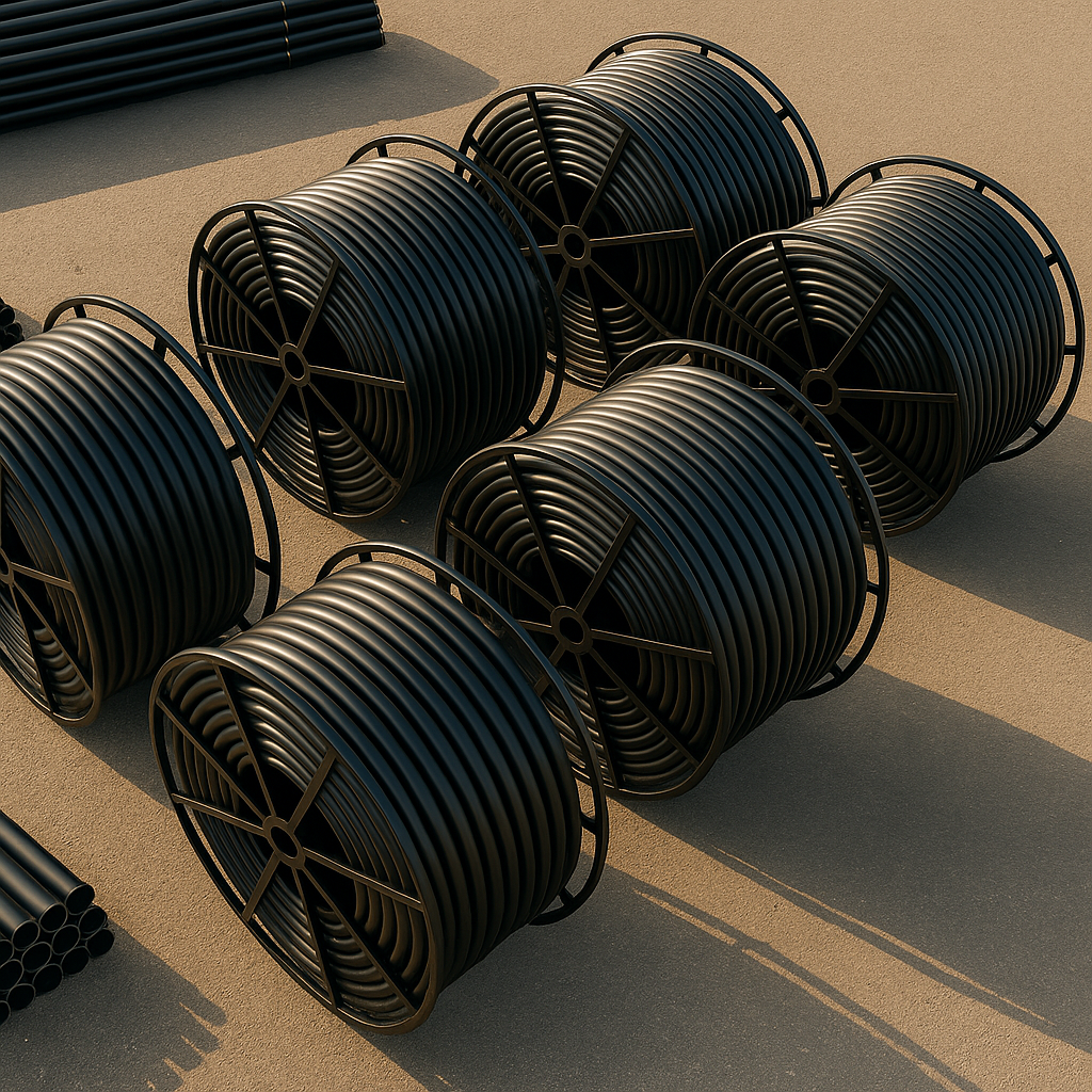 HDPE conduit SDR 11 in black, smoothwall, arranged on reels for power and telecommunications applications.