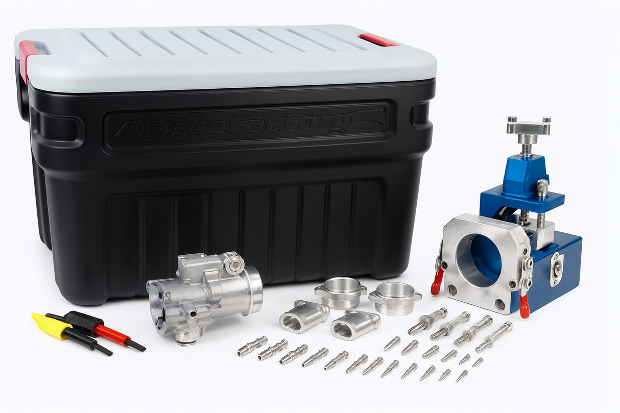 Fiber optic cable mini-blower/pusher with accessories, including connectors and tools, in a storage container.