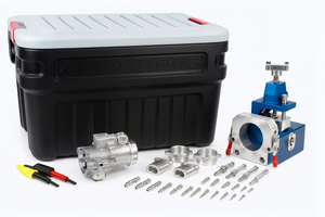 Fiber optic cable mini-blower/pusher with accessories, including connectors and tools, in a storage container.