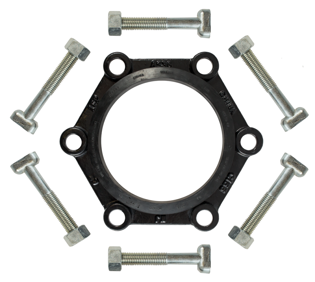 MJ Adapter Kit with ductile iron gland, SBR gasket, and steel T-bolts arranged around the ring