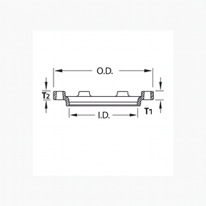 Technical line diagram of an MJ Adapter gland ring showing O.D., I.D., T1, and T2 dimensions