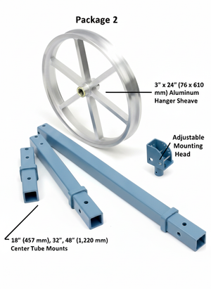 Adjustable fiber optic sheave mounts and packages with aluminum hanger sheave and center tube mounts in various lengths.