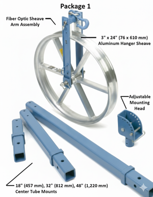 Fiber optic sheave mount package featuring an aluminum hanger sheave, adjustable mounting head, and center tube mounts.