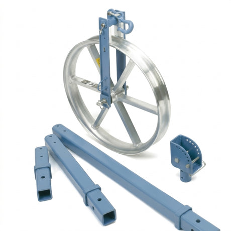 Fiber optic sheave mount components with aluminum hanger sheave, adjustable mounting head and three center tube mounts