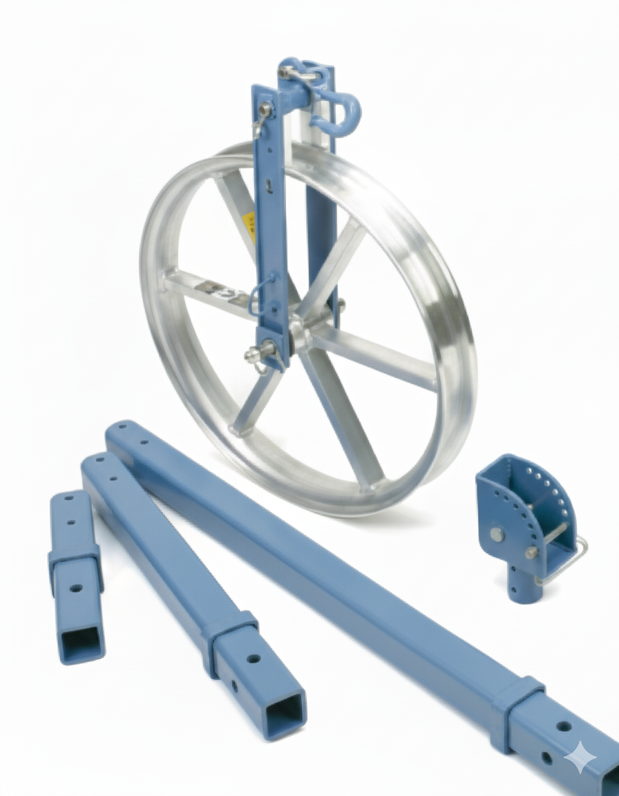 Adjustable fiber optic sheave mounts and packages with a metal wheel and support tubes for utility installation.