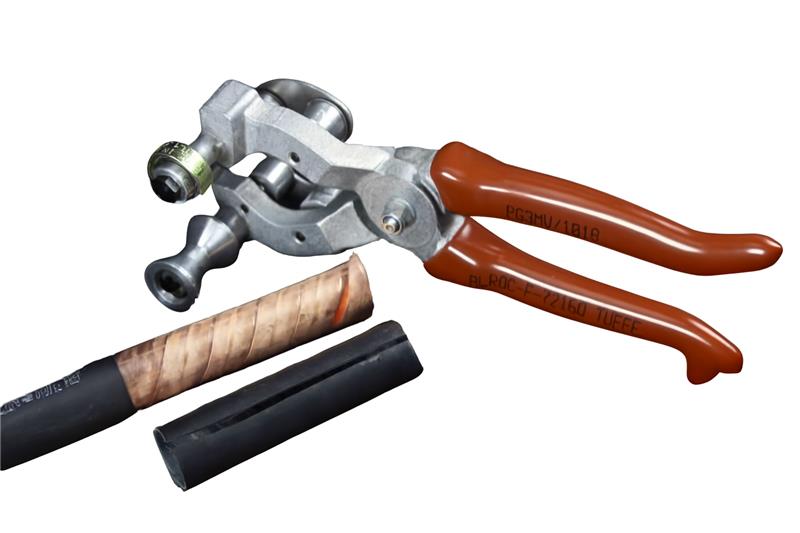 Adjustable depth outer jacket stripping pliers with dual-cut capability for efficient cable preparation.