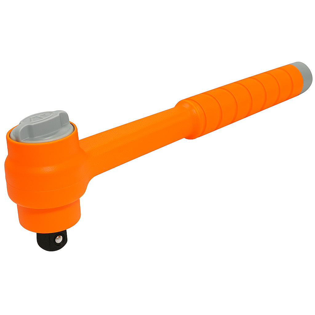 Insulated reversible torque wrench with a locking system, rated for 1000V, featuring a bright orange handle for visibility.