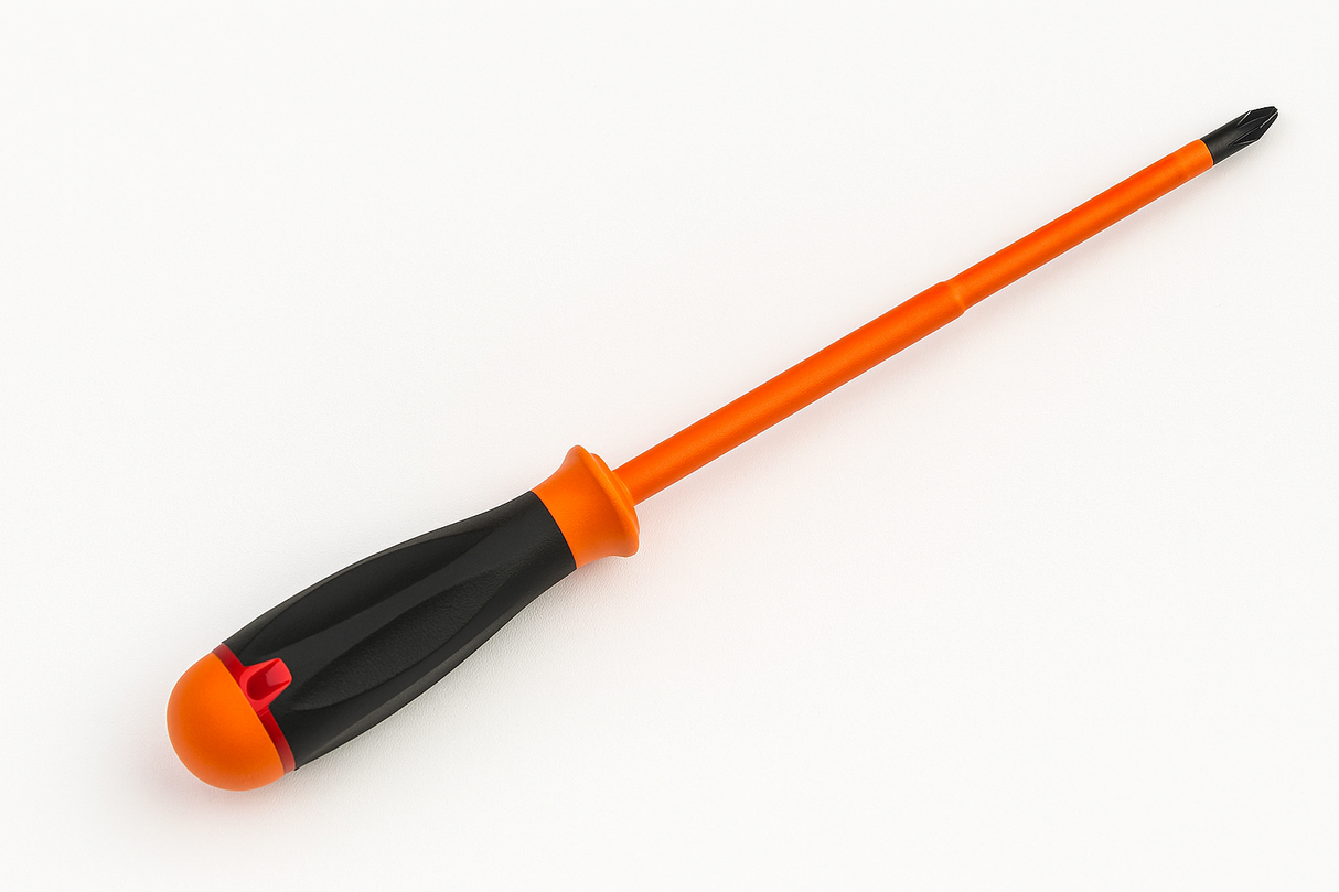 Insulated Phillips screwdriver with a black and orange handle, rated for 1000V, ideal for electrical work.