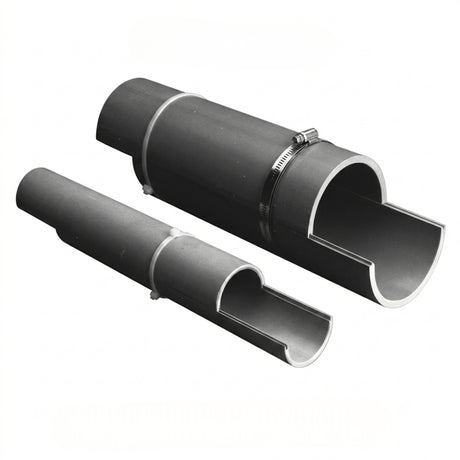 Split PVC duct with tongue-and-groove design and clamp, shown in Schedule 40 and Schedule 80 options for electrical and telecom conduit repair.