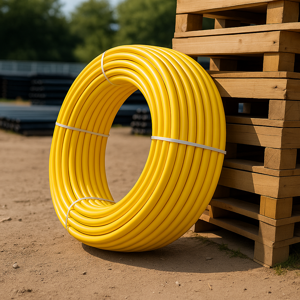 Yellow gas pipe coils made of PE 2406/2708 HDPE for natural gas and LPG applications, displayed beside wooden pallets.