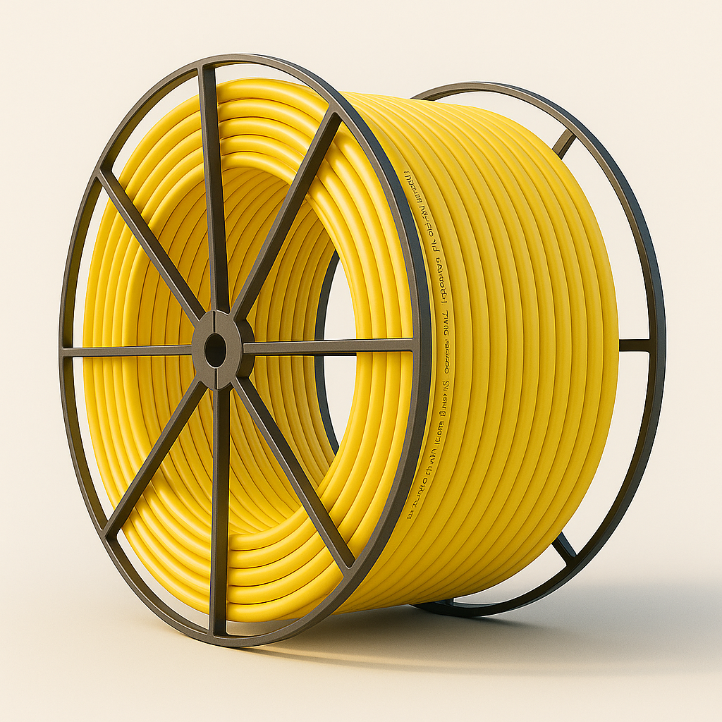 Yellow gas pipe coil made from PE 2406/2708 HDPE, suitable for natural gas and LPG applications.